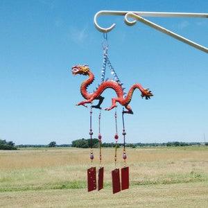 wind chime, red wind chime, dragon wind chime, windchime, garden art, garden gift, yard art, dragon gifts, housewarming gift, gift under 35 image 1