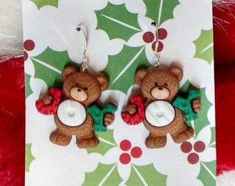 teddy bear earrings, teddy bear jewelry, teddy bear gifts, Christmas earrings, joy, holiday earrings, teacher gifts, gifts under 10