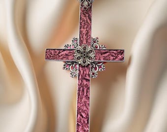 Van Gogh Stained Glass Wall Cross – Rose Pink with Silver Accents
