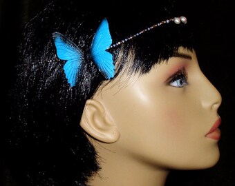 Blue morpho butterfly and cultured pearl headpiece 4042  brockus creations