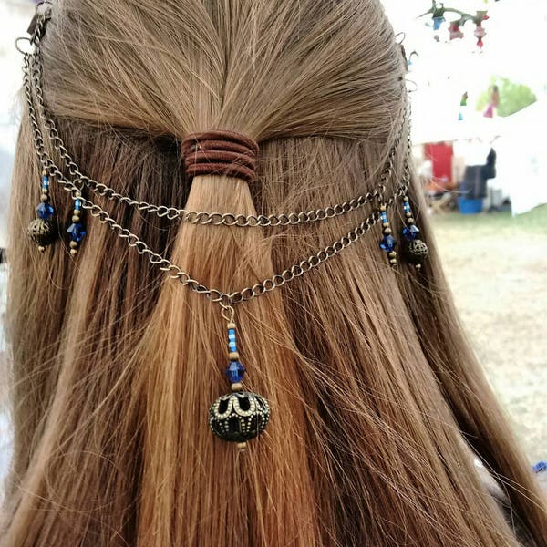 Antiqued bronze plated hair net with Austrian crystals and Van Gogh stained glass on antiqued gold bobby pins,