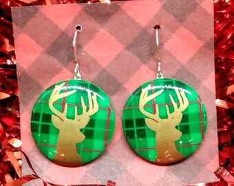 deer earrings, reindeer earrings, Christmas deer, green plaid earrings, gift for mom, gift for wife, secret pal gift, secret Santa gifts