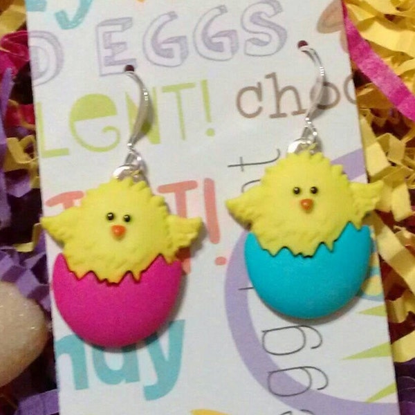 Cute Easter chick earrings, Easter costume jewelry, colorful chicken earrings, gift for easter basket, gift for her, handmade gift under 20