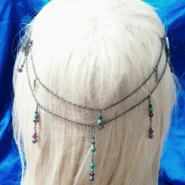 Antiqued silver plated hair net with turquoise, Swarovski crystals and Van Gogh stained glass butterfly bobby pins brockus creations