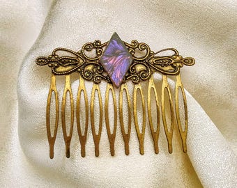 Sophisticated antiqued gold finished hair combs with Van Gogh stained glass, vintage style hair combs for prom, stained glass gifts under 15