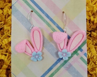 Pink rabbit ears cute Easter earrings, handmade in the USA as fish hook earrings, stud earrings, clip on earrings, lever back earrings