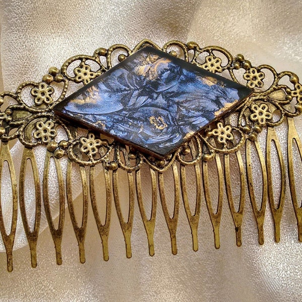 Antiqued gold finished stained glass hair combs, vintage style hair combs, stained glass gifts under 15, hair comb for proms and weddings