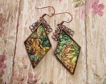 Green, gold and copper stained glass earrings, elegant earrings, anniversary gift, secret pal gift, stained glass gift, van gogh