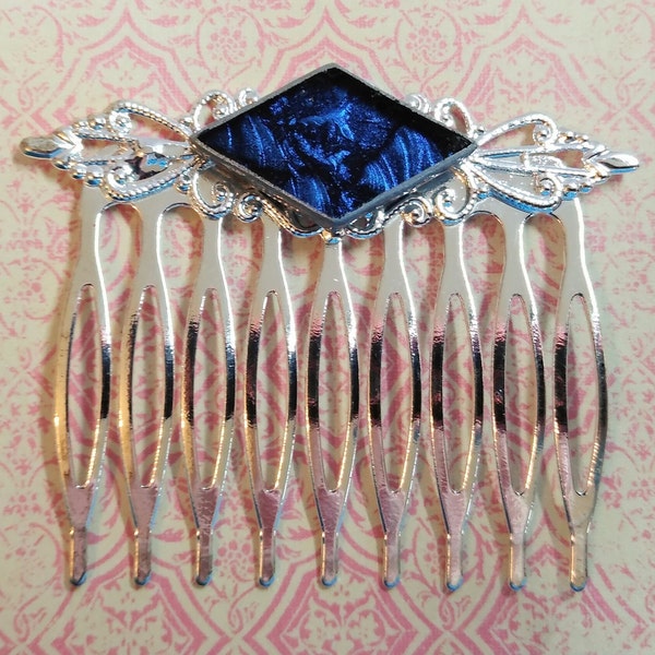 Elegant silver hair comb with Van Gogh stained glass for weddings, proms, formals, and pageants. Stained glass gifts under 15. 2 inches wide