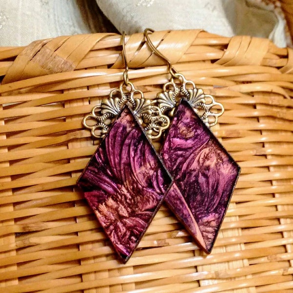 van gogh stained glass red and copper with antiqued gold filigree earrings brockus creations