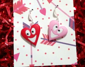 Valentines happy heart earrings, handcrafted in USA, heart jewelry gifts, cute funny Valentines earrings, dangles-clip ons-studs-leverbacks