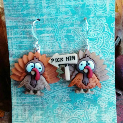 Turkey earrings Hand colored Thanksgiving Silver plated Turkey Earrings Autumn 