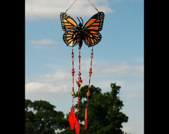 Monarch butterfly wind chimes for memorial, sympathy, mothers day, fathers day, cancer survivor gift. Stained glass gift handmade in the USA