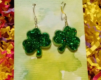 St Patricks day shamrock earrings, shamrock jewelry, luck of the irish, green earrings, fun holiday earrings, handmade in the USA,