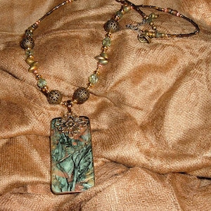 sage green, copper and antiqued gold van gogh stained glass necklace 3911 brockus creations for etsy