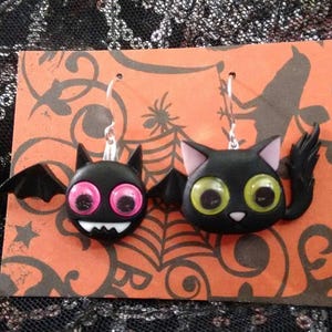 Cute Cat and Bat Halloween Goth Earrings - Stocking Stuffer, Spooky Jewelry Gift for costumes party, trick or treat