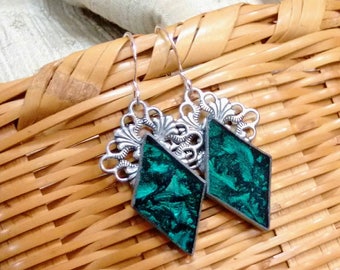 Emerald Green Van Gogh Stained Glass Earrings, Antiqued Silver Filigree
