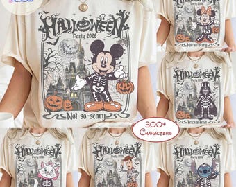 Vintage Disney All Characters Skeleton Halloween TShirt Boxy Tee, Mickey&Friends Star Wars Chip Dale, Mickey's Not So Scary Halloween Party