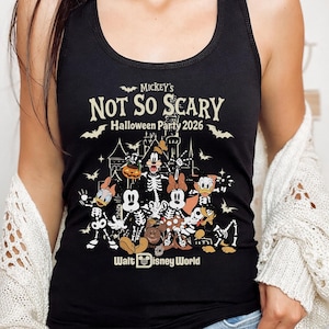 May include: Black tank top featuring a Halloween design with Mickey Mouse and friends as skeletons. The text reads "Mickey's Not So Scary Halloween Party 2026" and "Walt Disney World". Bats and a haunted house are also featured.
