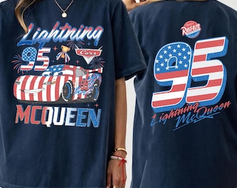 Comfort Colors® Two-sided Lightning McQueen 4th of July Shirt, Disney Pixar Cars USA Flag Shirt, 4th of July Disneyland WDW Trip Tee