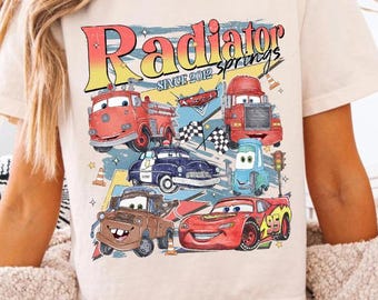 Vintage Radiator Springs Boxy Tee Comfort Colors Shirt, Lightning McQueen Disney Tee, Pixar Cars Family Shirt, Disneyland Vacation Outfit
