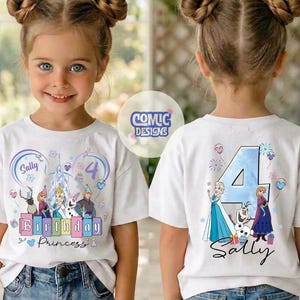 K&ouml;nnte beinhalten: Wei&szlig;es Kurzarm-T-Shirt mit farbenfrohem Grafikdesign. Auf der Vorderseite des Shirts steht der Text "Birthday Princess" mit dem Namen "Sally" und der Zahl "4". Auf der R&uuml;ckseite des Shirts stehen die Zahl "4" und der Name "Sally".