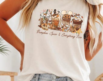 Vintage Mickey and Friends Pumpkin Spice And Everything Nice Comfort Colors Tanktop, Mickey And Friends Fall Halloween Coffee Lovers Tee