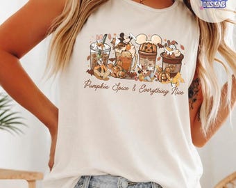 Vintage Mickey and Friends Pumpkin Spice And Everything Nice Comfort Colors Tanktop, Mickey And Friends Fall Halloween Coffee Lovers Tee