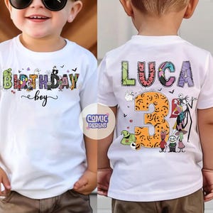 May include: A white t-shirt featuring a graphic print of characters from The Nightmare Before Christmas. The front displays the text "BIRTHDAY boy" with character-themed letters. The back shows the name "LUCA" and the number "3" with characters.