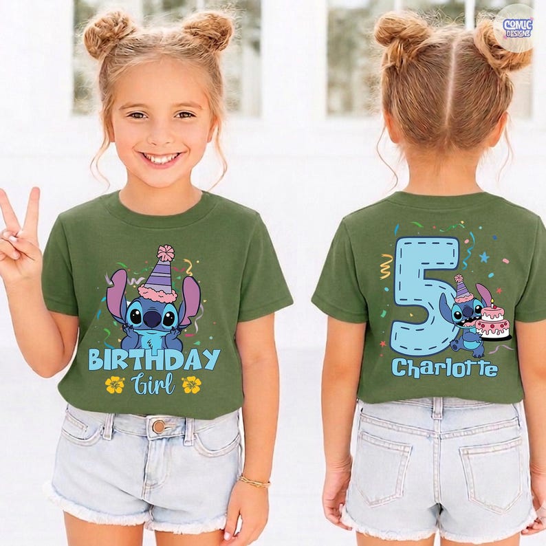 May include: Olive green t-shirt featuring a cartoon character with a birthday hat. The front of the shirt says "BIRTHDAY Girl" with flower graphics. The back of the shirt has a large number 5 and the name "Charlotte".