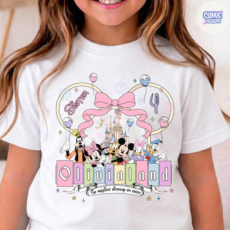 Op de afbeelding: Wit T-shirt met een kleurrijk grafisch ontwerp. Het ontwerp bevat Disney-personages, een roze strik en de tekst "OliviaLand" met "The happiest birthday on Earth" eronder. Het nummer 4 is ook inbegrepen.