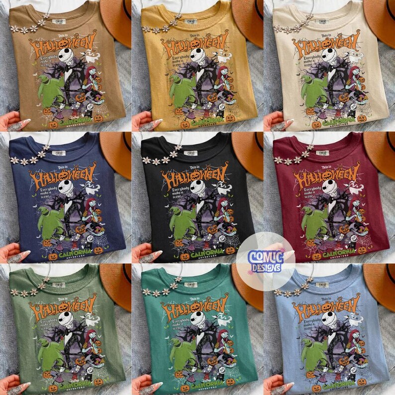 May include: Nine t-shirts in various colors, each featuring a Halloween-themed graphic. The design includes Jack Skellington, Sally, and other characters from "The Nightmare Before Christmas." The text "This is Halloween" is prominently displayed.