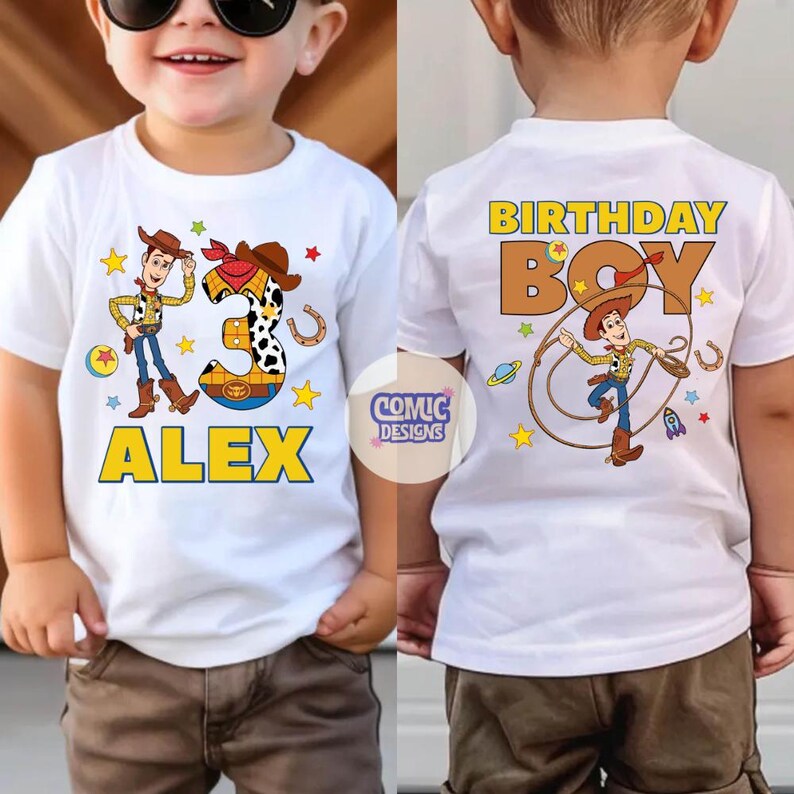 Puede incluir: Camiseta blanca con un dise&ntilde;o de vaquero de dibujos animados, el n&uacute;mero 3 y el nombre "ALEX" en amarillo. La parte trasera de la camiseta dice "BIRTHDAY BOY" con un gr&aacute;fico de vaquero. La camiseta es para un ni&ntilde;o.
