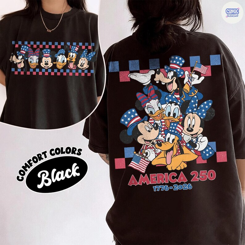 May include: Black Comfort Colors t-shirt featuring a graphic of Disney characters in patriotic hats and holding American flags. The front has a row of characters, while the back displays a larger group with the text "AMERICA 250 1776-2026".