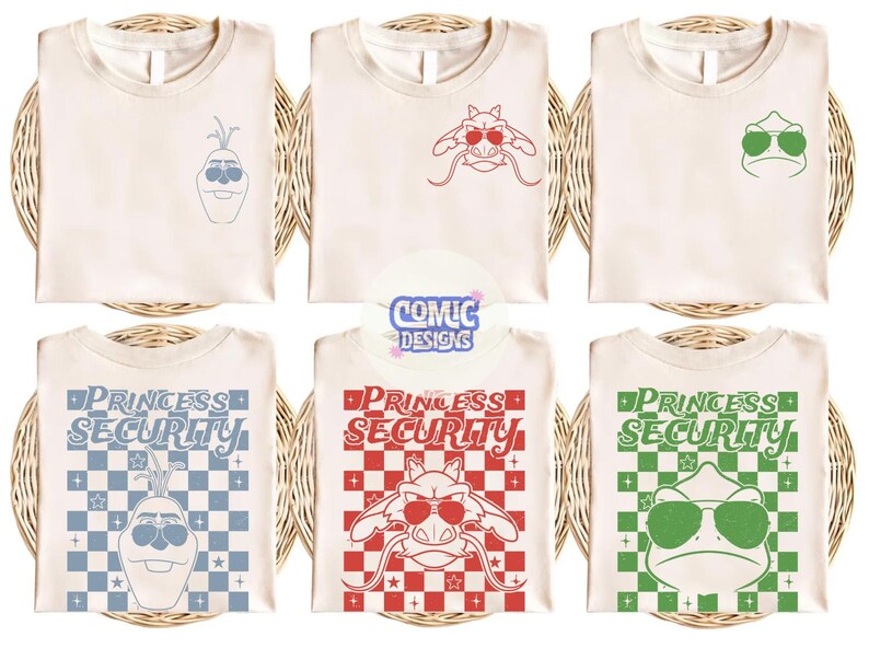 May include: Cream-colored t-shirts with various cartoon character designs. Some shirts feature a character's face, while others display the text "PRINCESS SECURITY" with a matching character graphic. The designs include a snowman, a dragon, and a frog.