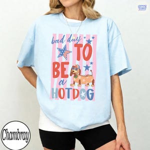 May include: Light blue t-shirt with a graphic that reads "bad day to be a hotdog." The design features a cartoon hotdog wearing sunglasses and a hat, set against a backdrop of red and pink stripes and stars.