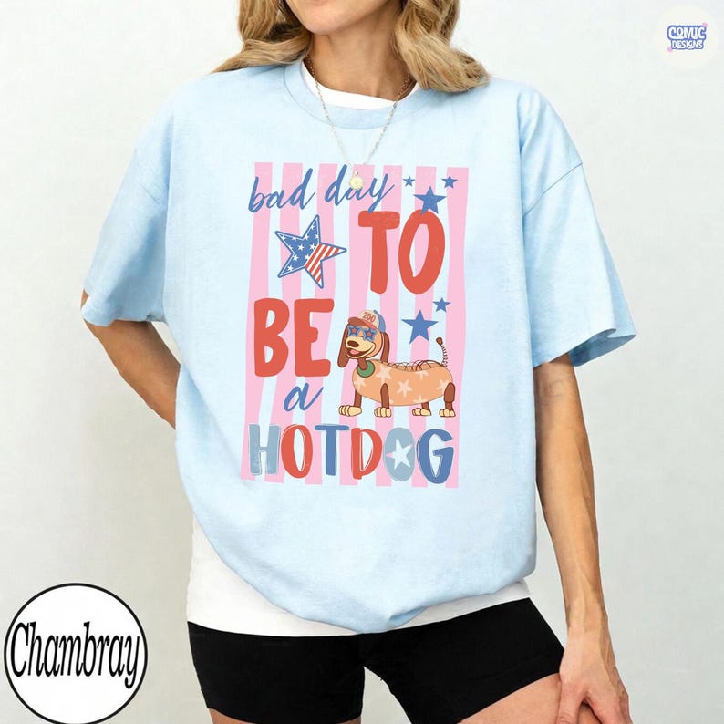 May include: Light blue t-shirt with a graphic that reads "bad day to be a hotdog." The design features a cartoon hotdog wearing sunglasses and a hat, set against a backdrop of red and pink stripes and stars.