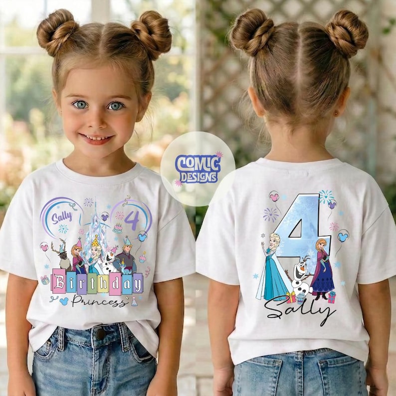 K&ouml;nnte beinhalten: Wei&szlig;es Kurzarm-T-Shirt mit farbenfrohem Grafikdesign. Auf der Vorderseite des Shirts steht der Text "Birthday Princess" mit dem Namen "Sally" und der Zahl "4". Auf der R&uuml;ckseite des Shirts stehen die Zahl "4" und der Name "Sally".