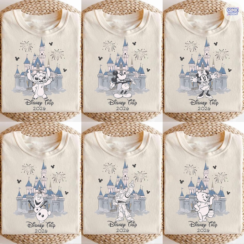 May include: Cream-colored t-shirts featuring Disney characters and a castle design. Each shirt has a different character: Stitch, Mickey Mouse, Minnie Mouse, Olaf, Buzz Lightyear, and Winnie the Pooh. The text "Disney Trip 2026" is printed below the castle.
