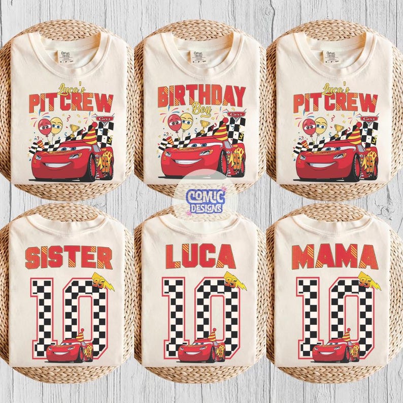 May include: Off-white t-shirts with various designs featuring a red race car. Some shirts say "Luca's Pit Crew", "Birthday Boy", "Sister 10", "Luca 10", and "Mama 10". The shirts have a race car theme with checkered flags and balloons.