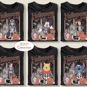 May include: Black t-shirts with Halloween designs. Each shirt features a different character in a skeleton costume, with a castle, pumpkins, bats, and the text "Halloween 2028" and "Name". Characters include Darth Vader, Mickey Mouse, Woody, Snow White, Winnie the Pooh, and Stitch.