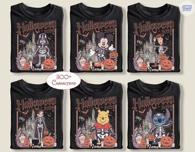 May include: Black t-shirts with Halloween designs. Each shirt features a different character in a skeleton costume, with a castle, pumpkins, bats, and the text "Halloween 2028" and "Name". Characters include Darth Vader, Mickey Mouse, Woody, Snow White, Winnie the Pooh, and Stitch.