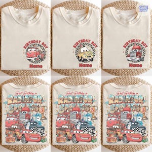 May include: Cream-colored t-shirts with colorful cartoon car graphics. Designs include a fire truck, a yellow car, and a red truck, each with "Birthday Boy" text. Other shirts feature "Best Birthday in Radiator Springs" with car illustrations.