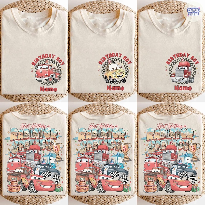 May include: Cream-colored t-shirts with colorful cartoon car graphics. Designs include a fire truck, a yellow car, and a red truck, each with "Birthday Boy" text. Other shirts feature "Best Birthday in Radiator Springs" with car illustrations.
