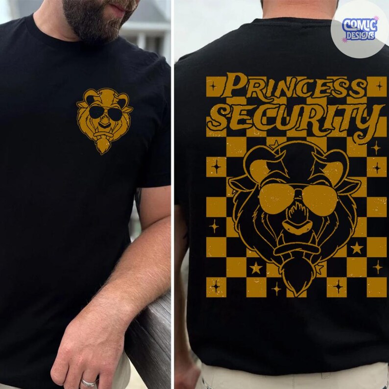 May include: Black t-shirt featuring a gold illustration of a bear wearing sunglasses. The front of the shirt has a small bear graphic. The back of the shirt has the words "PRINCESS SECURITY" above a bear graphic on a gold and black checkered background.