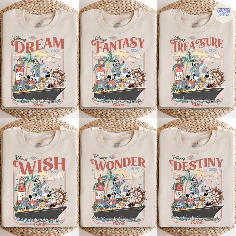 May include: Beige crewneck sweatshirt featuring a vintage-style graphic of Disney characters on a cruise ship. The design includes Mickey Mouse, Donald Duck, and Goofy, with text that reads "DREAM 2026".