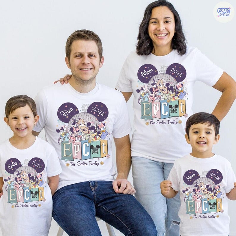 May include: White t-shirts with a colorful graphic featuring Disney characters, the text "EPC", and the year "2026". Each shirt has a name and the words "The Smith Family". The shirts are worn by a family of four.