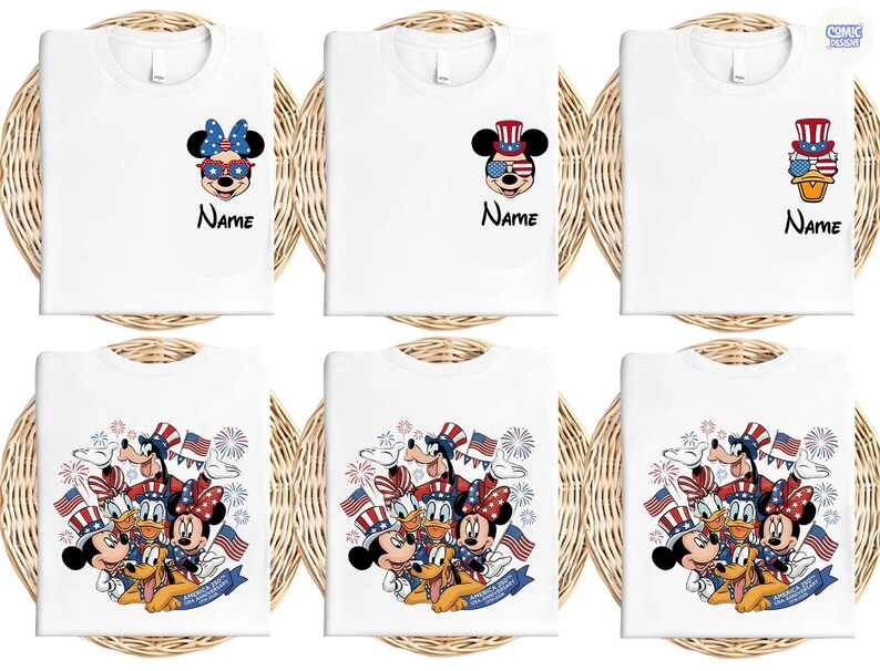 May include: White t-shirts featuring patriotic Disney characters. Designs include Mickey and Minnie Mouse, Donald Duck, and Pluto in red, white, and blue attire. Some shirts have the word "Name" printed below the character.