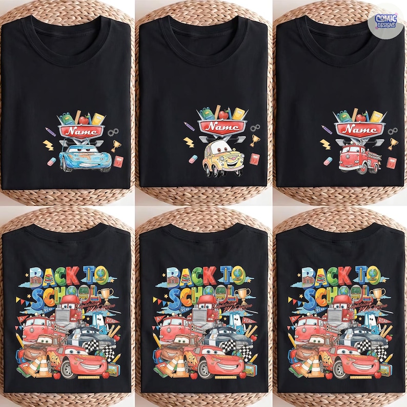 May include: A black t-shirt featuring a graphic print of various cartoon cars and school supplies. The design includes the text "Name" on a sign above a car, and the text "BACK TO SCHOOL" with multiple vehicles and school-themed icons.