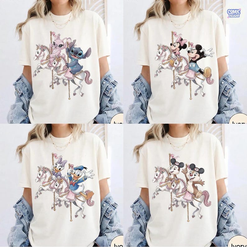 May include: Ivory-colored t-shirts featuring cartoon characters on a carousel. The designs include Stitch and Angel, Mickey and Minnie Mouse, Donald and Daisy Duck, and Chip and Dale. The shirts have a classic, casual style.
